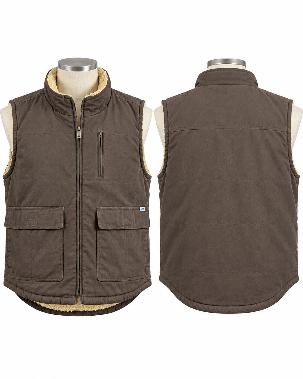 Lee Workwear Vest Mens XL Brown Canvas Sherpa Lined Full Zip Utility Work